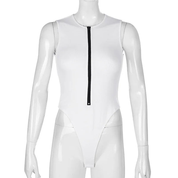Black knit bodysuit with adjustable zip front neckline