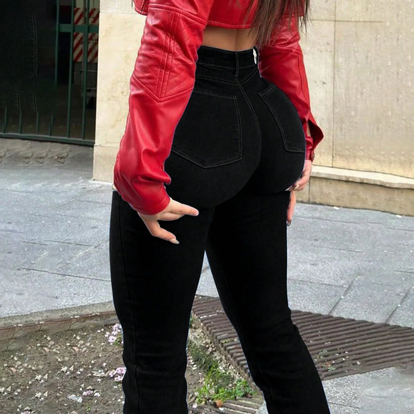 Chic light blue ripped flared jeans for women with high waist, deep pockets, and retro style for versatile fashion.