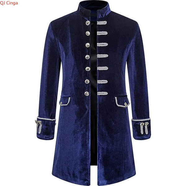 Elegant Men's Medieval-Style Trench Coat in black, featuring a single-breasted design and stand collar for formal occasions.