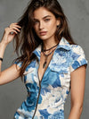 Women's floral fusion shirt combining denim aesthetic with stand collar design