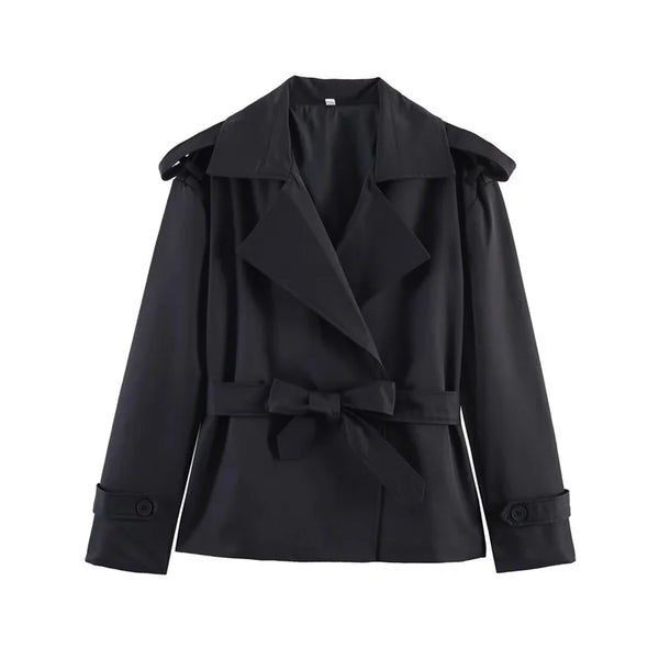 Belted trench coat in neutral tone with timeless double-breasted design