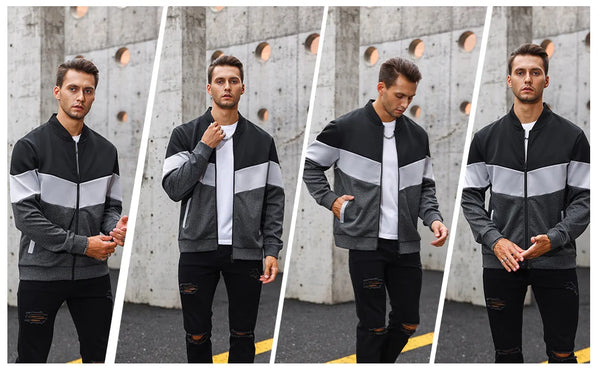 Men's Trendy Color Block Bomber Jacket in US sizes, stylish zip-up design, perfect for all-season casual wear and outdoor act
