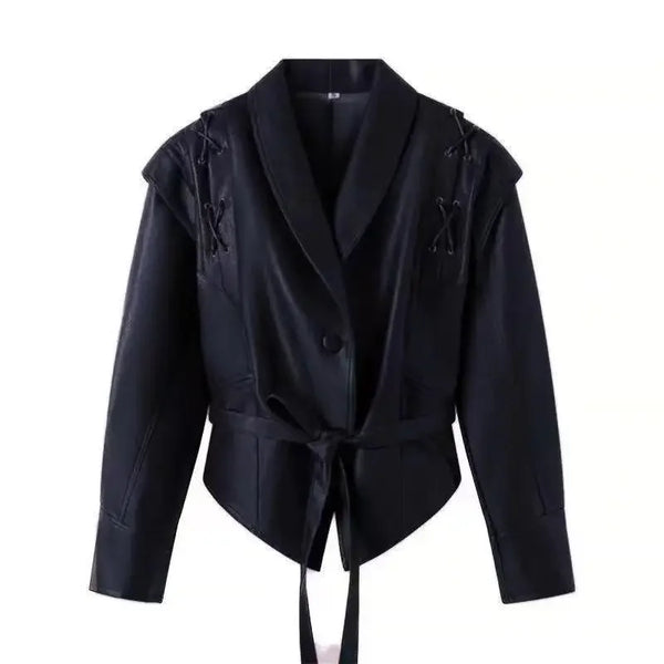 Chic belted leather bomber jacket for women, featuring lace-up detail, hood, and notched lapel, perfect for autumn and winter