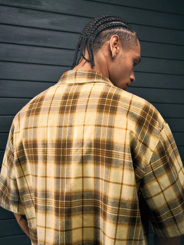 Men's yellow plaid polyester shirt with traditional checkered pattern and single-breasted closure