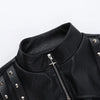 Chic cropped faux leather biker jacket for women with rivet detailing and slim fit, perfect for edgy streetwear style.
