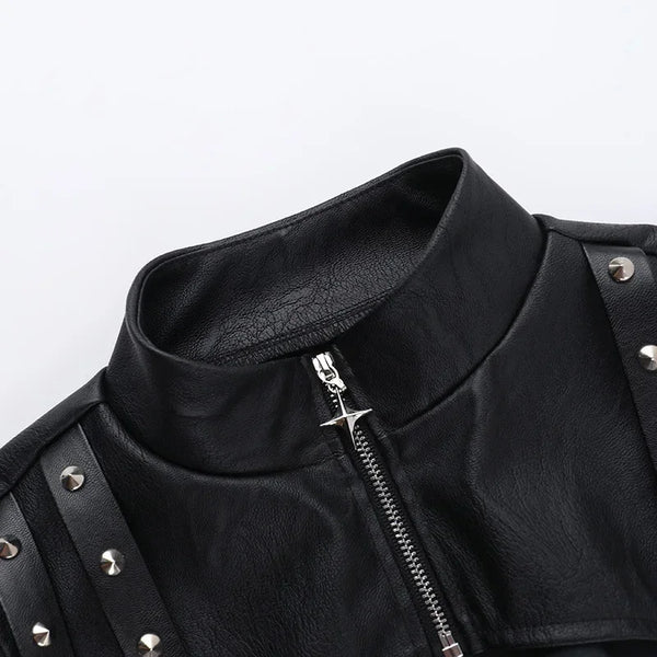 Chic cropped faux leather biker jacket for women with rivet detailing and slim fit, perfect for edgy streetwear style.