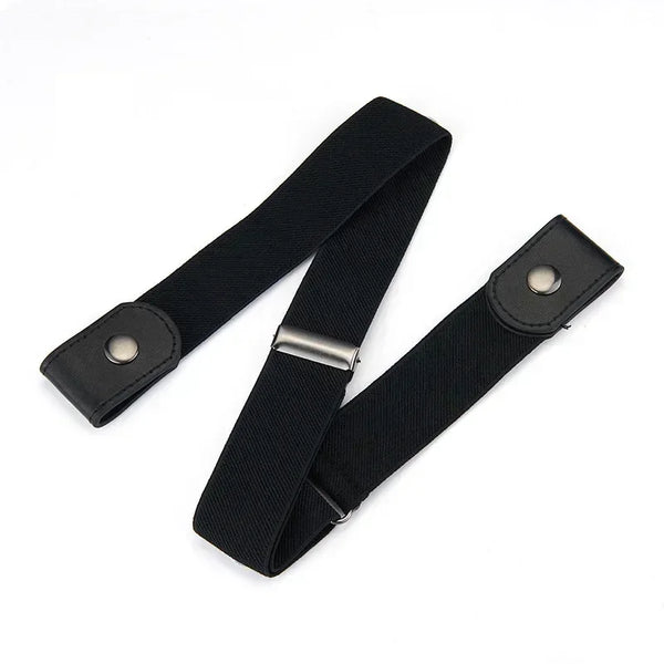 Buckle-free elastic belt in black and blue, adjustable from 85-115cm, perfect for comfort and style for men and women.