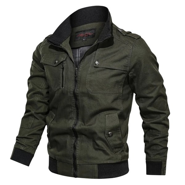 Men's Tactical Military Jacket in cotton windbreaker style, featuring multiple cargo pockets and a stand collar for outdoor a