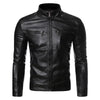 Stylish men's faux leather biker jacket in slim fit with stand collar, perfect for autumn and spring casual wear.