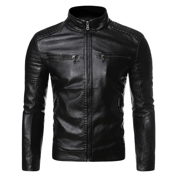 Stylish men's faux leather biker jacket in slim fit with stand collar, perfect for autumn and spring casual wear.