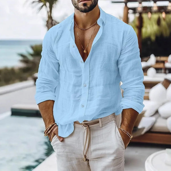 Comfortable men's spring summer shirt with natural cotton linen fabric and classic turn-down collar