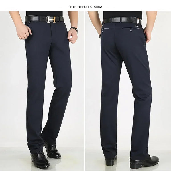 Classic men's dress pants in premium cotton, perfect for business and casual wear with a straight leg and zipper fly closure.