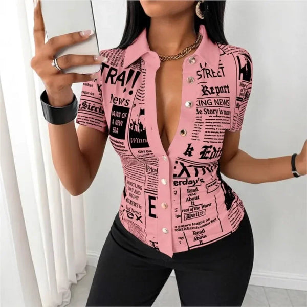 Chic Newspaper Print Blouse in V-neck style, perfect for casual or office wear, featuring short sleeves and a single-breasted