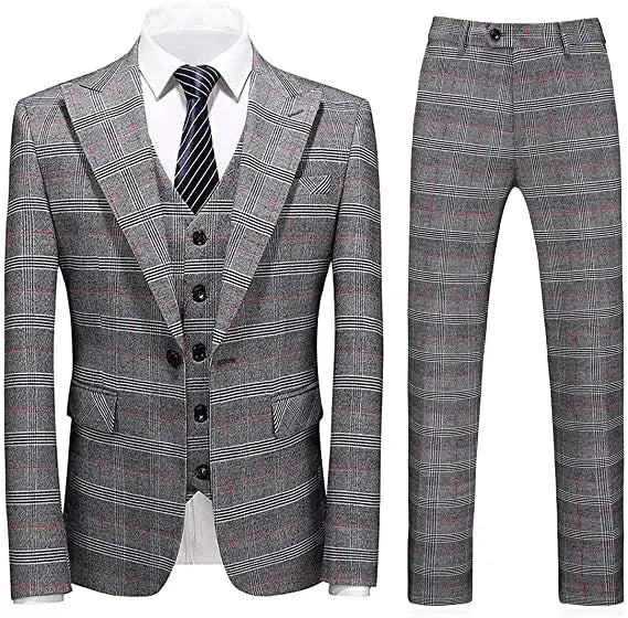 Elegant plaid 3-piece men's suit for formal occasions, featuring a single-breasted jacket and flat-front pants in premium pol