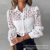 Elegant white lace blouse with long sleeves, turn-down collar, perfect for office wear and formal occasions.