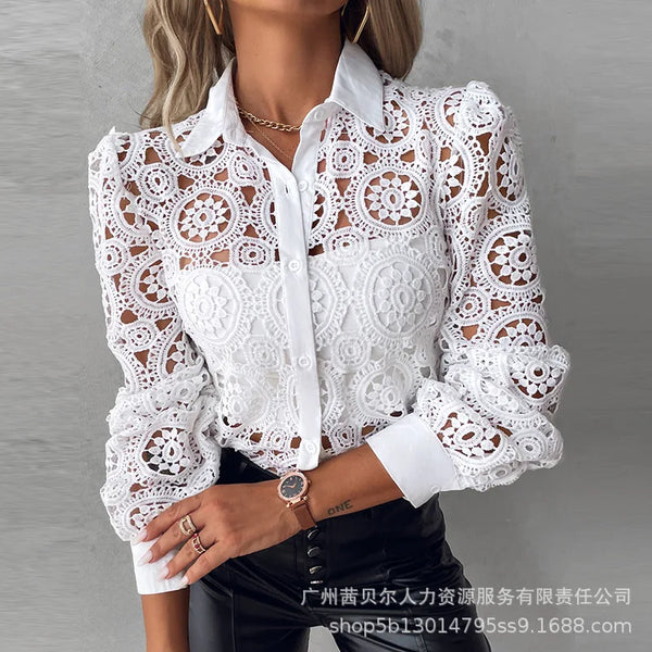 Elegant white lace blouse with long sleeves, turn-down collar, perfect for office wear and formal occasions.