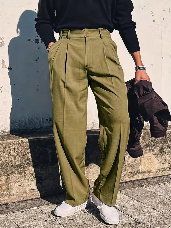 Vintage high-waist straight trousers for men, perfect for spring and summer, featuring pleated front and zipper closure.