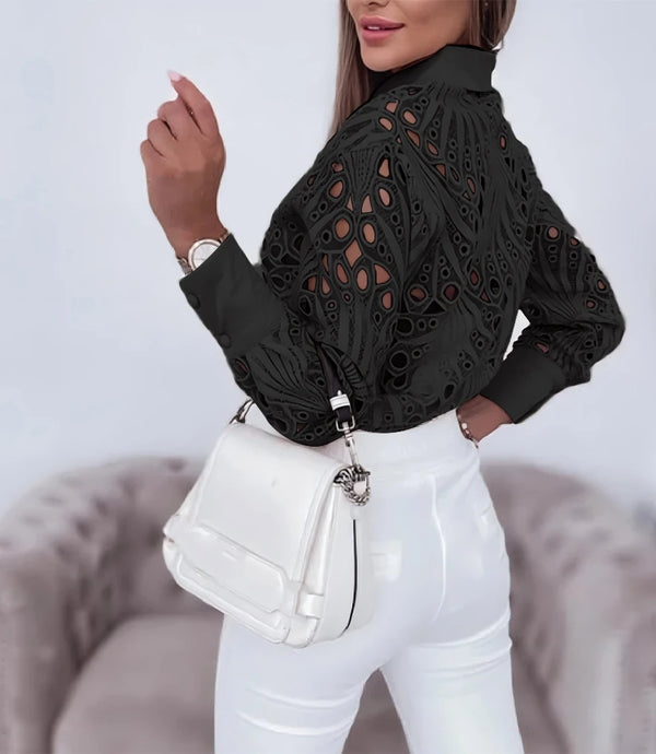 Chic women's hollowed-out long sleeve blouse in lightweight polyester, perfect for office wear or casual outings.