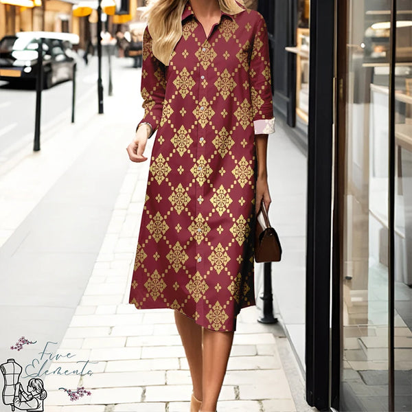 Classic polo collar dress elevated with modern 3D printed geometric pattern