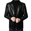 Men's faux leather jacket with zip-up front, stand collar, and long sleeves, perfect for autumn and winter styling.