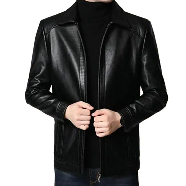 Men's faux leather jacket with zip-up front, stand collar, and long sleeves, perfect for autumn and winter styling.