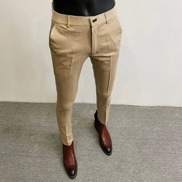 Men's slim fit stretch suit trousers in solid color, perfect for formal events and business casual wear, made from cotton ble