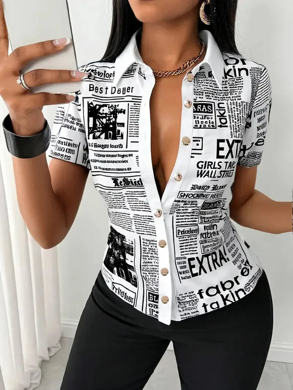 Chic Newspaper Print Blouse featuring a V-neck and short sleeves, perfect for casual or office wear in summer.
