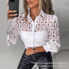 Elegant white lace blouse with long sleeves, turn-down collar, perfect for office wear and formal occasions.