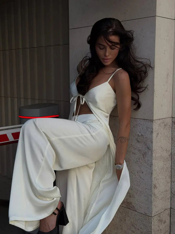 White satin top with classic collar and button details paired with matching bottoms