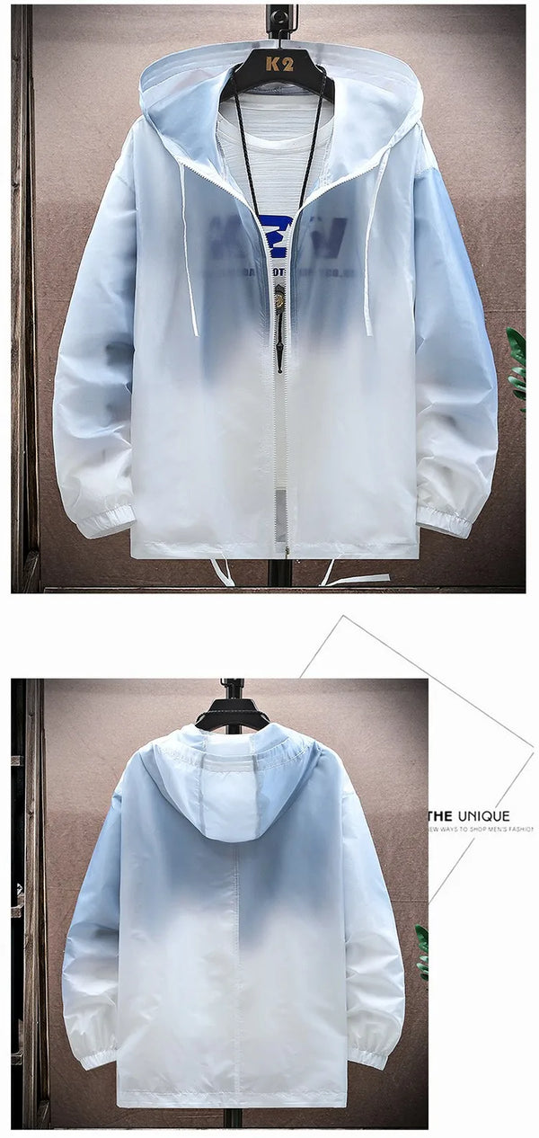 Men's breathable sunscreen windbreaker jacket in urban setting, showcasing waterproof fabric and full-zip closure for outdoor