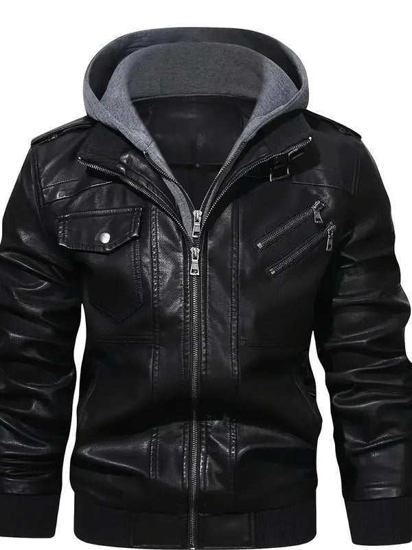 Sleek men's PU leather biker jacket with detachable hood, slim fit, perfect for autumn and winter casual wear.