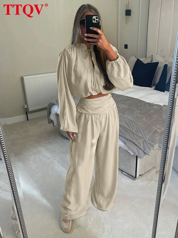 Comfortable loose fit coordinated set with lengthening wide-leg pants and polished blouse