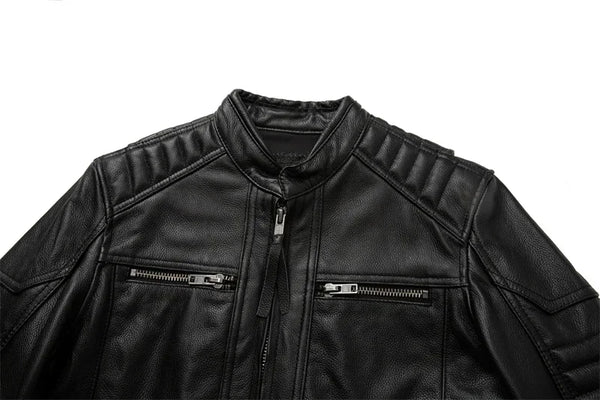 Premium men's leather biker jacket in rich brown with stand collar, crafted from durable first-layer calfskin leather.