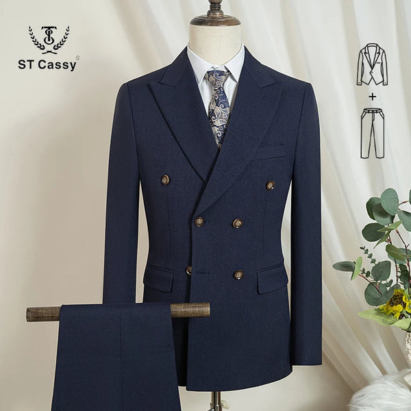 Model smiling confidently in the Midnight Poise suit, ideal for business attire.