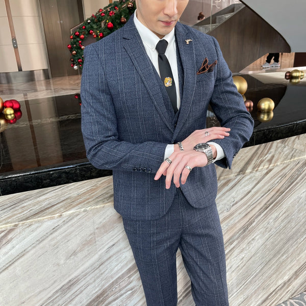 Back view of the tailored plaid suit, emphasizing the slim-fit design.