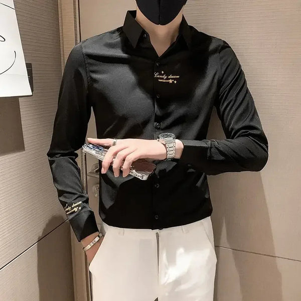 Elegant men's embroidered white long sleeve shirt with turn-down collar, perfect for casual outings and social events.