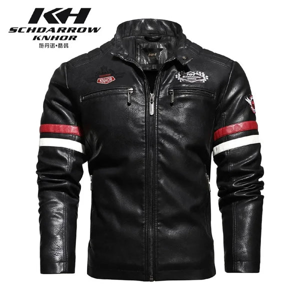 Stylish Men's PU Leather Biker Jacket in red, black, and dark blue with embroidery, perfect for winter and casual outings.