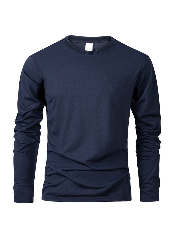 Men's long sleeve casual t-shirt in solid black, breathable polyester, quick-drying, perfect for sports and casual wear.