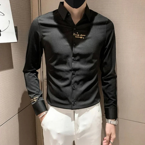 Elegant men's embroidered white long sleeve shirt with turn-down collar, perfect for casual and social events.