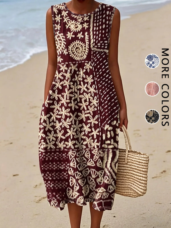 Side profile of woman in flowing bohemian floral midi dress