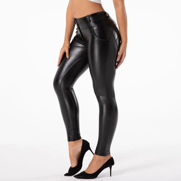 Model wearing high-waist faux leather leggings, highlighting the butt-lifting and hip-enhancing features.