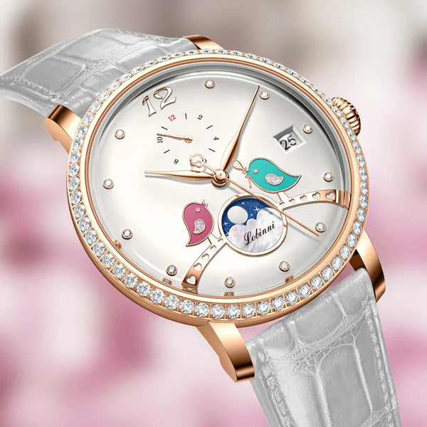 Side view of Timeless Whisper watch highlighting the durable dome-shaped mineral glass.