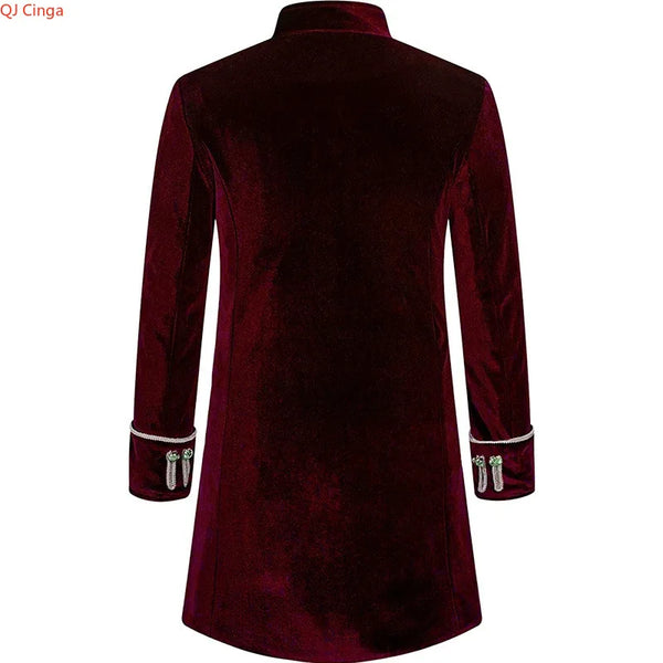 Elegant men's medieval-style trench coat in black, blue, and burgundy with single-breasted design and stand collar.