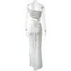 Flowing polyester dress with diagonal neckline and side split