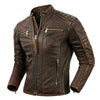 Premium men's leather biker jacket in rich brown with stand collar, crafted from high-quality calfskin for a stylish, rugged