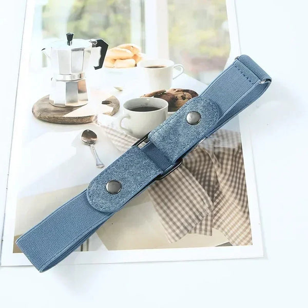 Buckle-free elastic belt in black and blue, adjustable from 85-115cm, perfect for comfort and style for men and women.
