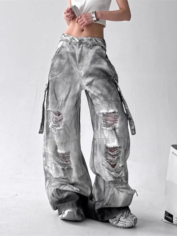 Trendy high-waist wide-leg ripped jeans for women with tie-dye and distressed detailing, perfect for casual street style.