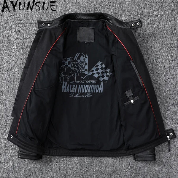 Men's slim fit leather motorcycle jacket in premium cow leather with stand collar and zip closure, perfect for spring and aut