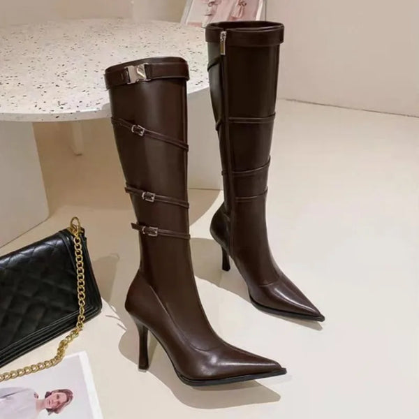 Chic black mid-calf stiletto boots with side zipper and pointed toe.