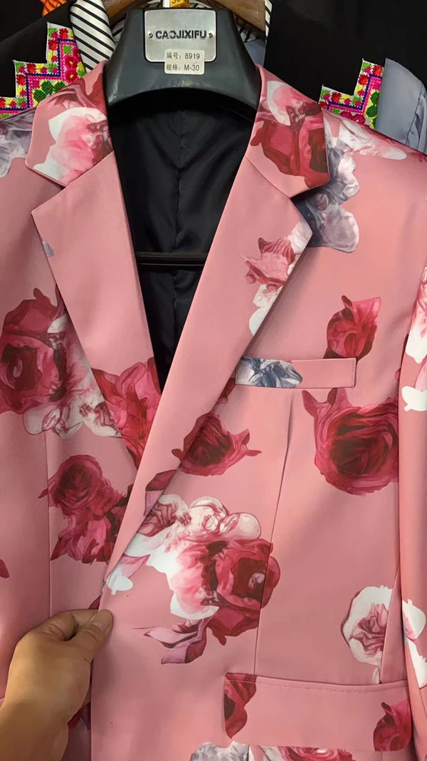 Full view of Midnight Bloom Suit highlighting sharp tailoring and floral pattern.